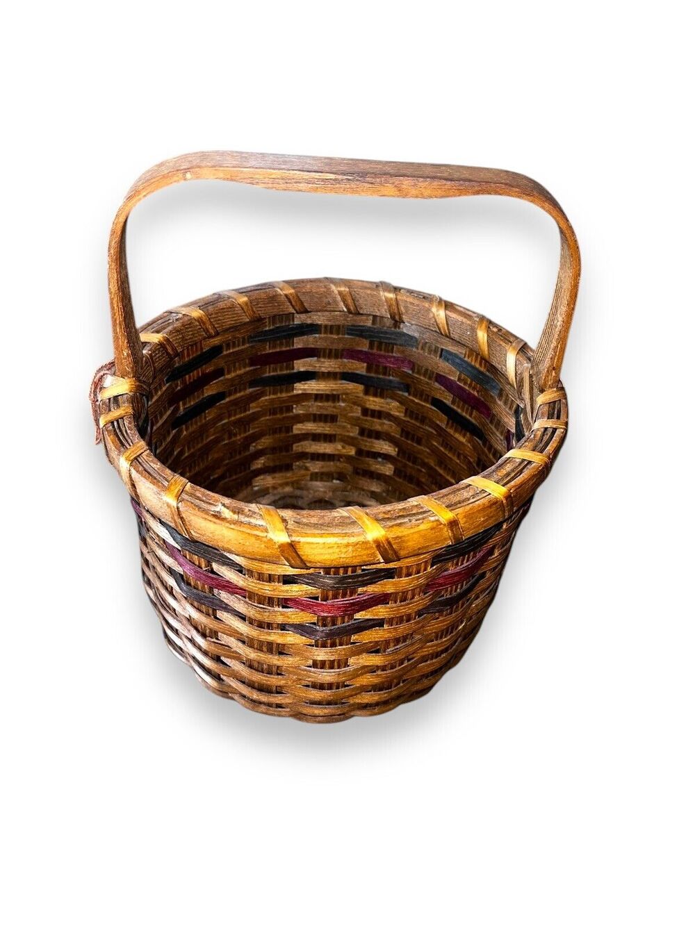 Baskerville Vintage Putney Vermont Handled Basket Green Maroon